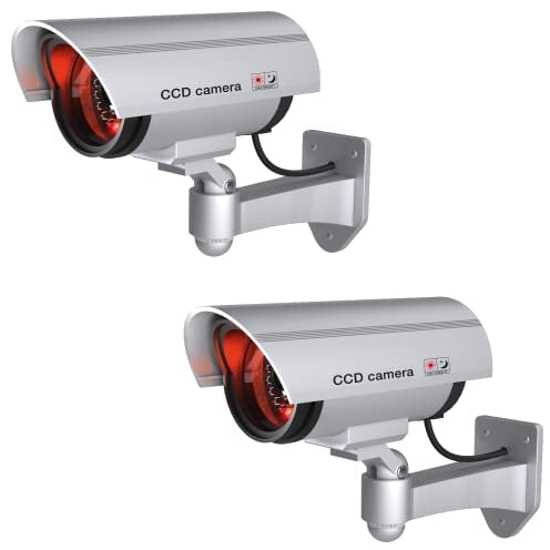 BASI | 2er Set Kamera-Attrappe mit blinkendem LED-Licht | Dummy Kamera | Sicherheitskamera | Überwachungskamera für den Innen- und Außenbereich | Wandhalterung | drahtlos, Silber | CCTV | 2 Stück