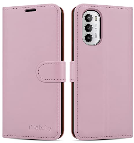 iCatchy for Motorola Moto G82 5G / G52 Case Leather Wallet Book Flip Kickstand Card Slots Full Protection Folio Cover Compatible for Moto G82 / G52 Phone (Rose Gold)
