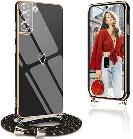 Ptny Hülle kompatibel Samsung Galaxy S21 FE 5G Hülle mit Band, Galvanik TPU Silikon Ultra Dünn Stoßfeste Schutzhülle mit Einstellbar Handykette für Samsung Galaxy S21 FE 5G Hülle, Schwarz