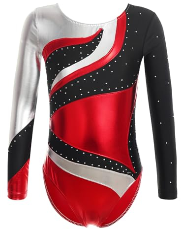 iEFiEL Mädchen Metallic Turnanzug Langarm Gymnastikanzug Tanzbody Leotard mit Strass Glänzende Ballett Trikot Turnkleidung Tanzkostüm Rot 146-152