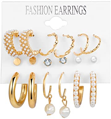XPEX 6 Paar goldene Creolen, Perlenohrringe, kleines Damen-Ohrring-Set für mehrere Ohrpiercings