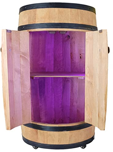 WEECO Holzfass mit 4 Rädern, Türen und USB LED RGB Beleuchtung. Holzregal aus Fass. Starke Buchenholz und Metallverstärkungen - Schrank HausBar deko Wohnzimmer modern (Hellbraun/Eiche)