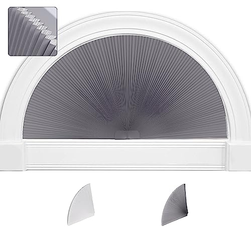 SEEYE Arch Window Blackout Shades, Pleated Fabric Blind (Radius: 24'') Half Circle Cellular Cordless Semicircular Blinds with No Tools, Half-Round Shade Easy to Cut and Install, Dark Gray-White