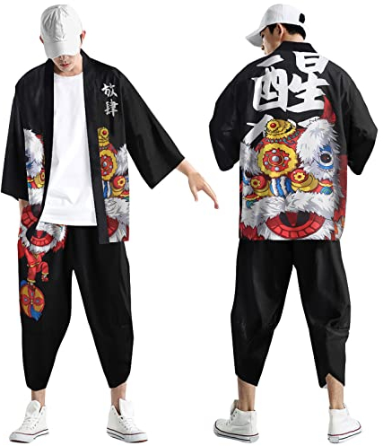Beokeuioe Kimono cardigan traditionnel japonais pour homme - Costume de loisir - Robe taoïste - Style chinois - Robe de nuit, Noir , XL