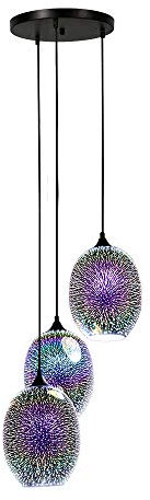 FIRVRE Pendelleuchte 3D Bunte Pendelleuchte Vintage LED Kronleuchter Hängelampe Glas Feuerwerk Lampenschirm Bunt Höhenverstellbar Hängeleuchte für Küche Restaurant Schlafzimmer Bar