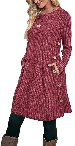 Aokosor Christmas Jumper Dress for Women - Long Sleeve Tunic Dress with Pockets & Side Buttons - Size 6-8 Red