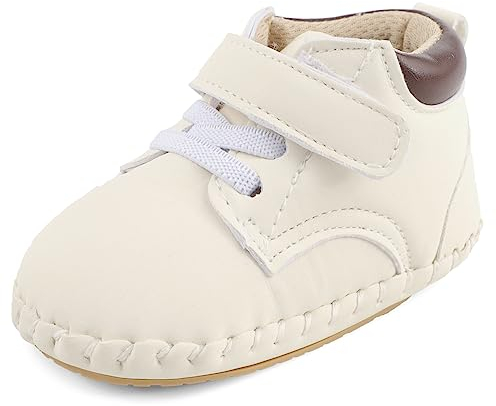 MK MATT KEELY Baby Jungen Lauflernschuhe 1 Jahr PU Leder Krabbelschuhe mit Weiche Anti-Rutsch Sohle,Weiß,6-12 Monate
