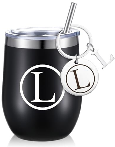 Dandat Personalized Wine Tumbler Cup Gifts with Personalized Keychain 12oz Black Stainless Steel Travel Initial Mug with Lid Straw for Wedding Baby Shower Family Coworker Birthday Gifts(L Style)