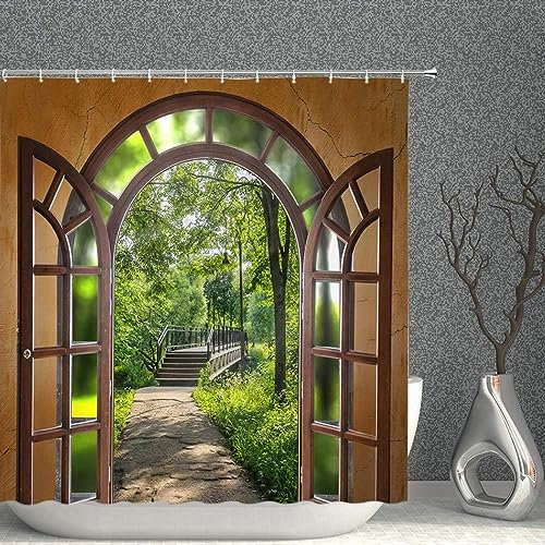 AALAYA Duschvorhang 120x180 cm Fensterbrett, aus Stoff Polyester Waschbar Anti Schimmel Landschaft Shower Curtains, Duschvorhänge Curtains mit 8 Haken