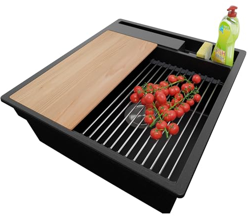 PRIMAGRAN Fregadero Cocina Negro 48x53cm, Granito 1 Seno + Sifón + Accesorios, Sobre encimera al mueble 50cm - Oslo Pocket