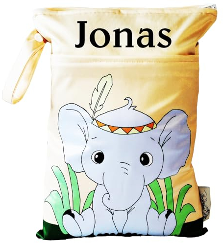 In Deutschland mit Namen personalisierte Wetbag Nasstasche mit 2 separaten Fächern, als Windelbeutel, im Kindergarten oder unterwegs (Elefant)