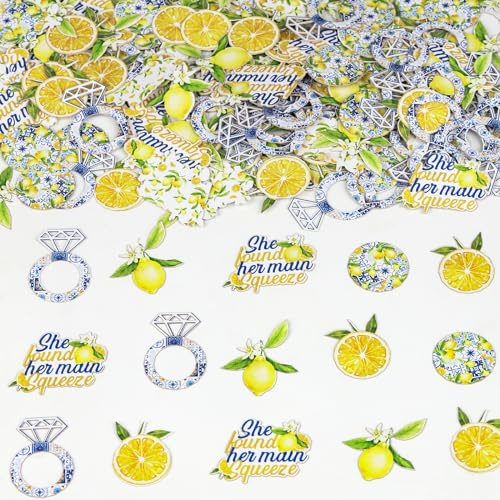 JOYMEMO 200 Pieces She Found Her Main Squeeze Confetti - Blue Tile and Lemon Bridal Shower Decorations, Double Sided Lemon Paper Confetti Lemonade Scatter Table Decor for Bachelorette Engagement Party