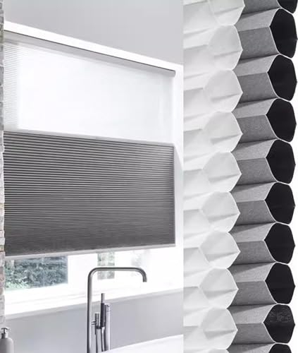 BOTOWI Tag-Nacht-Jalousien, Wabenplissee für Innenfenster, Lichtfilternde Verdunkelungsrollos zum Herunterziehen, Plissee mit Bohren Jalousien, Thermo-Plissee-Rollo,Grau,140x240L(cm)
