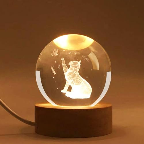 Neioaas Bola de Cristal de Gato 3D de 6 cm - 3 Colores LED, Luz Nocturna Enchufable Con Base de Madera, Control LED, Decoración Grabada en 3D - Regalo