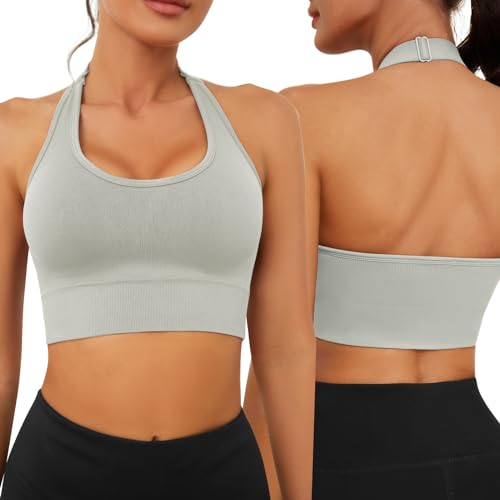 Vijamiy Sport BH Rückenfrei Neckholder BH Damen Push Up Sport Bra Abnehmbar Gepolstert Shock Absorber Sport BH Verstellbarer Schultergurt Fitness Top Yoga Sport(Graue,M)