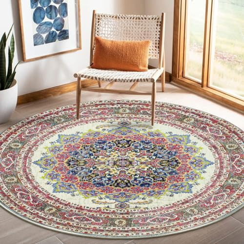 Nyescasa Teppich Rund 140 cm Vintage Boho Mandala Teppich Wohnzimmer Waschbar rutschfest Weich Kurzflor Runder Teppiche für Schlafzimmer Kinderzimmer Outdoor, Beige Rot