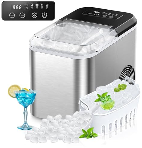 Eiswürfelmaschine klein, 130W Ice Cube Maker 8 Eiswürfel in 6 Minuten,Ice Maker Mit Selbstreinigend,Mit Eisschaufel und Korb,15kg/24h,2 Größen runde würfel,für Küche, Eiswürfel maschine.
