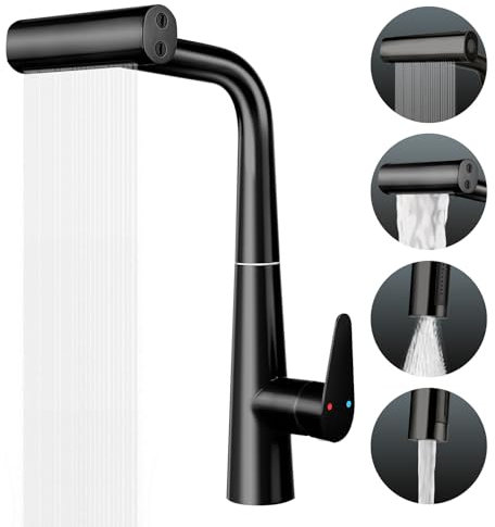 ECHVELCI Kitchen Tap, Kitchen Sink Tap with Pull Out Spray, 4 Spray Modes, Hot and Cold Function, 360°Swivel Kitchen Mixer Tap for Bathroom Kitchen Bar Home Outdoor, Black