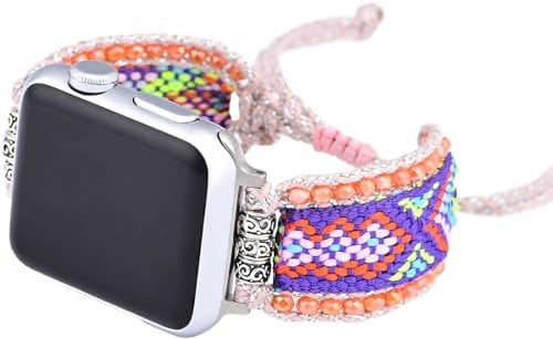 Retro Boho Braided Nylon Band Compatible with Apple Watch 40mm 41mm 38mm, Friendship Bracelet Handmade Woven Bohemian Beaded Western Dressy Strap for iWatch Series10/9/8/SE/Ultra/7/6/5/4/3/2/1