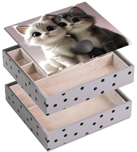 AdelDream Schmucktabletts Schmuckorganizer Schmuckkasten mit 2 Ebenen Schmuckbox Schmuckgeschenkbox Geschenk für Damen Tochter und Freundin zum Geburtstag und zu Feiertagen Eine Katze (Zwei Katze)