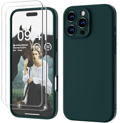 GOODVISH 3 IN 1 for iPhone 16 Pro Max Case 6.9 inch, Upgraded Camera Protection, 2 Pack HD Screen Protector, Liquid Silicone Anti-Scratch Shockproof Gel Rubber Non-Fingerprint Phone Case, Dark Green