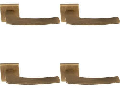 4 Pack - Premium Curved Slim Door Handle Set - Antique Brass Plain Lever on Square Rose