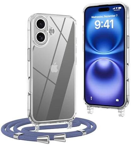 OLEPHY Handykette kompatibel mit iPhone 16 Hülle mit Band (6,1 Zoll), Handyhülle mit Verstellbarem und Demontage Umhängeband, Transparent Stoßfeste Schutzhülle zum Umhängen Kordel, Blau