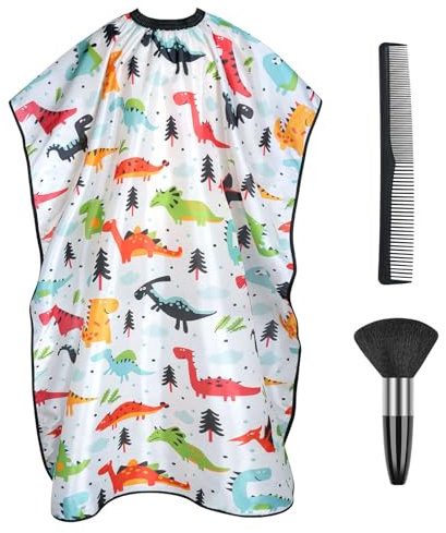 AYBUY Cape de Coiffure pour Enfants, 3 Pièces Enfants Coiffure Tablier avec Brosse Plumeau de Cou et un Peigne, Cape de Barbier pour Studio et Maison, Modèle de Dinosaure de Dessin Animé Blanc