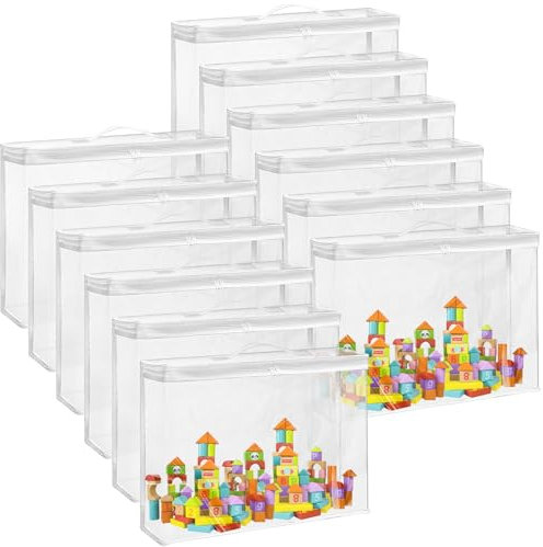 LOLYSIC 12 Pcs Toy Storage Bags with Zips, 40x30x10cm Waterproof PVC Toy Organiser Bags with Zipper, Clear Toy Storage Organiser Bags for Building Blocks Puzzle Dolls Balls Clothes Books