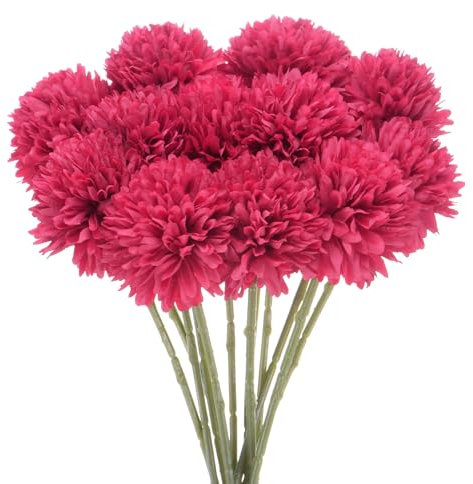 M METERXITY 12-Pack Artificial Chrysanthemum Ball Flowers,11 Inch Faux Chrysanthemum Silk Bouquets Real Touch Faux Flowers for Home/Wedding/Christmas/Party[Rose Red]