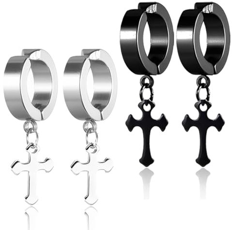 BQRKOTM 2 Paar Herren Unisex Creolen Edelstahl Klassisches mit Kreuz Anhänger Ohrclips Ohrstecker Ohrhänger Ohr-Piercing für Herren Damen ohne Ohrlöcher