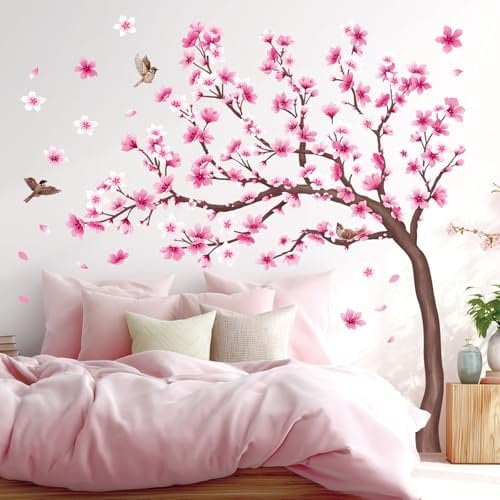 DECOWALL SG4-2431 Cherry Blossom Tree Wall Stickers Decals Kids Room Bedroom Living Flower Branch Décor Pink tv Birds Art Background Peel and Stick Nursery Home