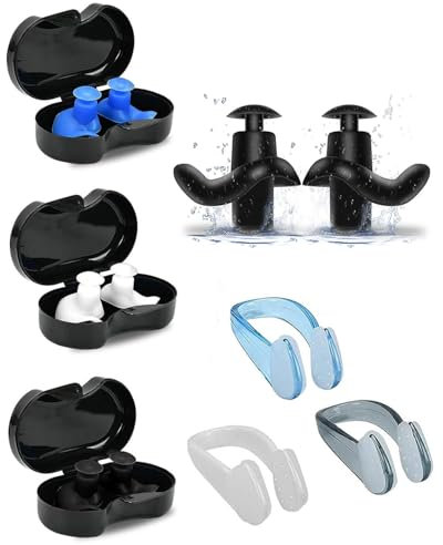 ZEXIJOW Tappi per le orecchie da nuoto per adulti con clip nasali,Silicone morbido,Impermeabile e riutilizzabile,Adatte per fare la doccia, nuotare, fare surf,Fare snorkeling e altri sport acquatici
