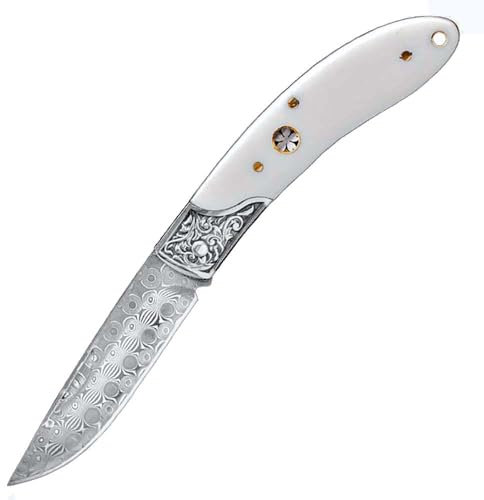 Couteau de poche fin en acier damassé - Blanc - Petit couteau tranchant à une main - Couteau de survie - Couteau de chasse multifonction - Couteau damassé - Cadeau pour homme
