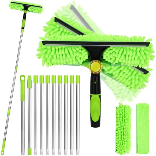 BAIEGOED Extendable Window Cleaning Tool Kit 4.25m Reach, 2-in-1 Window Washing Equipment with 10-Section Pole & Squeegee – Includes 2 Microfibre Pads for High Windows, Ceilings & Car Glass – Green