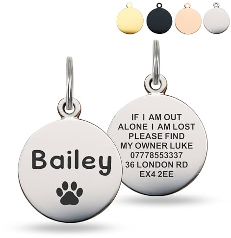Deep Engraved Dog Tags for Pets UK Prime, Personalised Cat Dog Name ID Tags, Stainless Steel Pet Tag for Doggy Kitten Kitty Puppy, Scratch Resistant Tag (Silver Round, S)