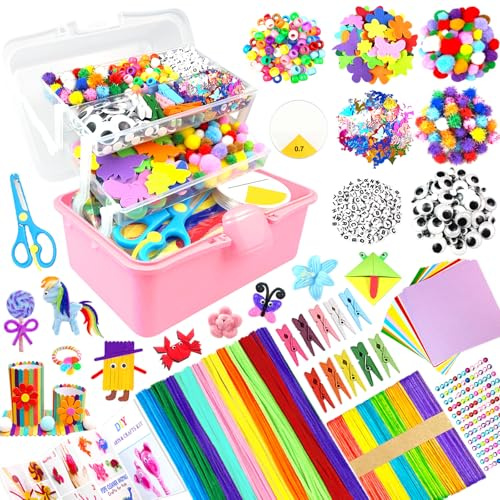 BNUZEIYI 3000PCS Bastelset Kinder – DIY Basteln Bastelkoffer für Kinder 3-Schicht Bastelbox Material Set mit Pfeifenreiniger Schulbedarf Spielzeug Geschenke für Mädchen Jungen 4–8, 8–12 Jahren, Rot