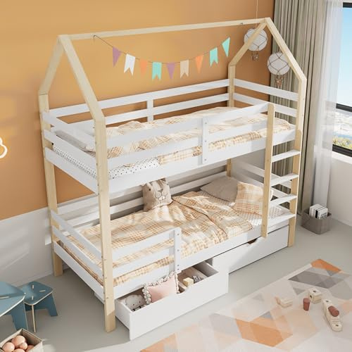 BXEYXE Ins und aus dem Bett kommen. Doppelbett. Kinderbett in Hausform. große Schubladen. Kiefernholz Haus Bett for Kids. 90 x 200 cm. ohne Matratze. weiß+Holzfarbe