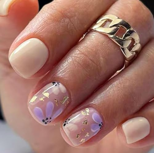 24 Stück Press-On Nägel Kurz Eckig – Rosa Blau French Tips | Full Cover Kunstnägel mit Klebepads | Sommer Look | Künstliche Fingernägel für Damen & Mädchen (Lila W1353)