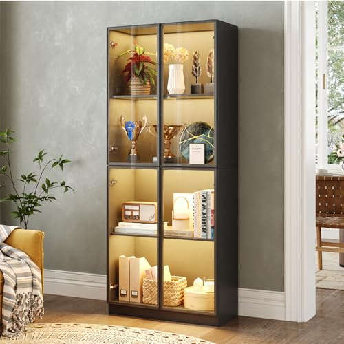 SVEYLXA 160cm Vitrine mit LED-Beleuchtung und Aluminium-Glastüren, 4-stöckige Sammlervitrine in Schwarz, Staubdichter Glasvitrine mit grifflosem Design für Wohnzimmer, Schlafzimmer und Büro