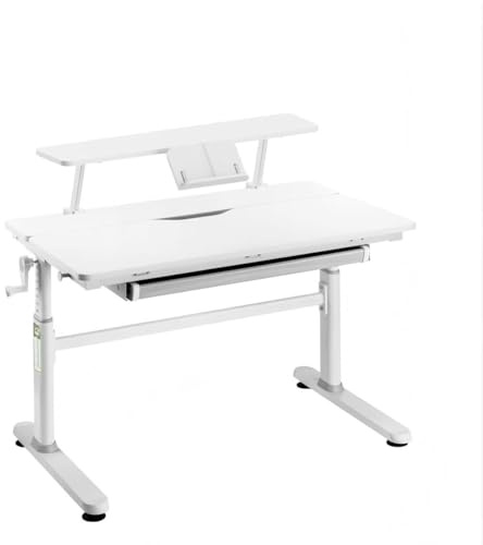 HOKO Kinderschreibtisch 100x60 cm mit Schreibtischaufsatz & Buchstütze | von 54 bis 76 cm höhenverstellbar, 100x40 cm neigbare Tischplatte, 90x20 cm Tischaufsatz mit Buchstütze, Weiß, JANA & JONA