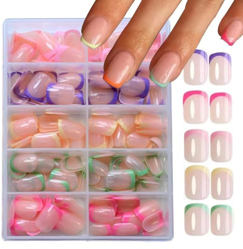 Nail Tips Gel, French Tip False Nails, False Nails Short Square, French Artificial Nail, Françaises Ongles Pressés, 5 Color, pour Prothésistes Ongulaires et Débutants en Nail Art