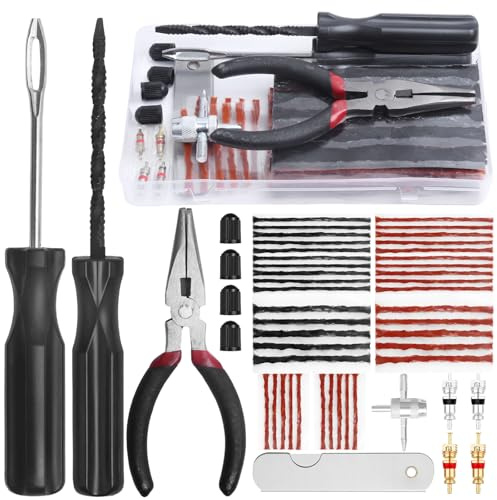 Nadinsta 53PCS Tubeless Tyre Repair Kit, Puncture Repair Kit-Strorage Box | 10 mm/5 mm/4 mm Bacon Strips Plus Insertion Tool Tire Repair Fork Reamer, Tubeless Repair Plugs for Motorbikes Cars MTB