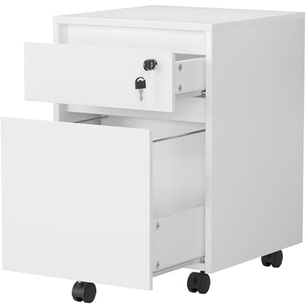 YOUDENOVA Rollcontainer mit Schubladen, Abschließbar, Aktenschrank mit 2 Schubladen, 5 Rollen, Unterschrank Schreibtisch für A4-Papier und Ordner, Schubladenschrank für Büros und Schlafzimmer, Weiß