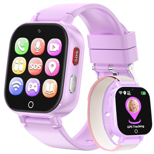 4G Smartwatch Kinder mit Videoanruf, GPS, SOS, Voice Chat, IP68 Wasserdicht, Schulmodus, Schrittzähler, Wecker, Lernspiele, Kinderuhr Geschenk für Jungen und Mädchen 4-12 Jahren (Violett-8A)