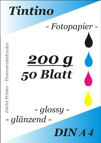 50 Blatt Fotopapier DIN A4 200g/qm high -glossy glaenzend -sofort trocken -wasserfest-hochweiß-sehr hohe Farbbrillianz, fuer InkJet Drucker Tintenstrahldrucker von Tintino