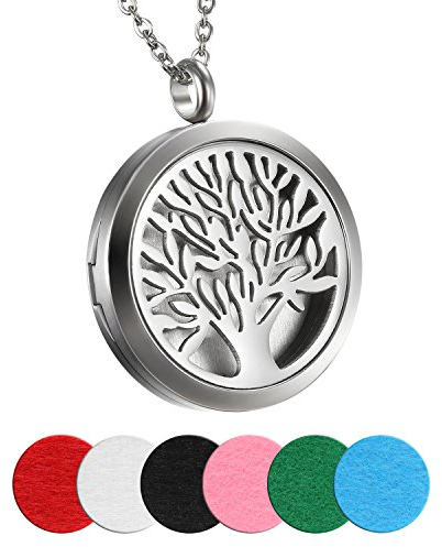 Cupimatch Damen Herren Retro Aromatherapie Diffusor Anhänger, Edelstahl Lebensbaum Locket Medaillon Anhänger 45cm Halskette mit 6 Pads, silber