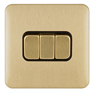 Schneider Electric Lisse Screwless Deco - 3 Gang 2 Way Light Switch, 10AX, GGBL1032BSB, Satin Brass with Black Insert