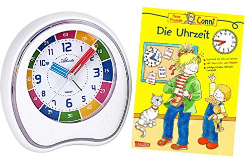 Atlanta Kinderwecker ohne Ticken + Lernbuch Conni Die Uhrzeit (Weiß)