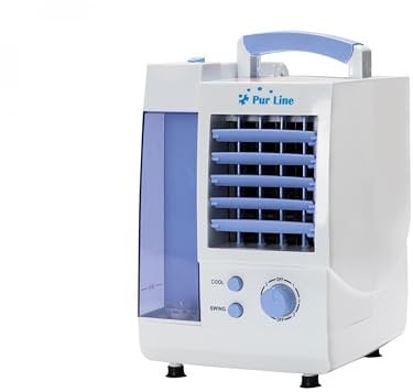 PUR LINE | Climatizador Evaporativo Muy Bajo Consumo 3 Velocidades, Panel Celulosa, Oscilación Automática y Depósito 1L – Portátil y Silencioso Uso Personal